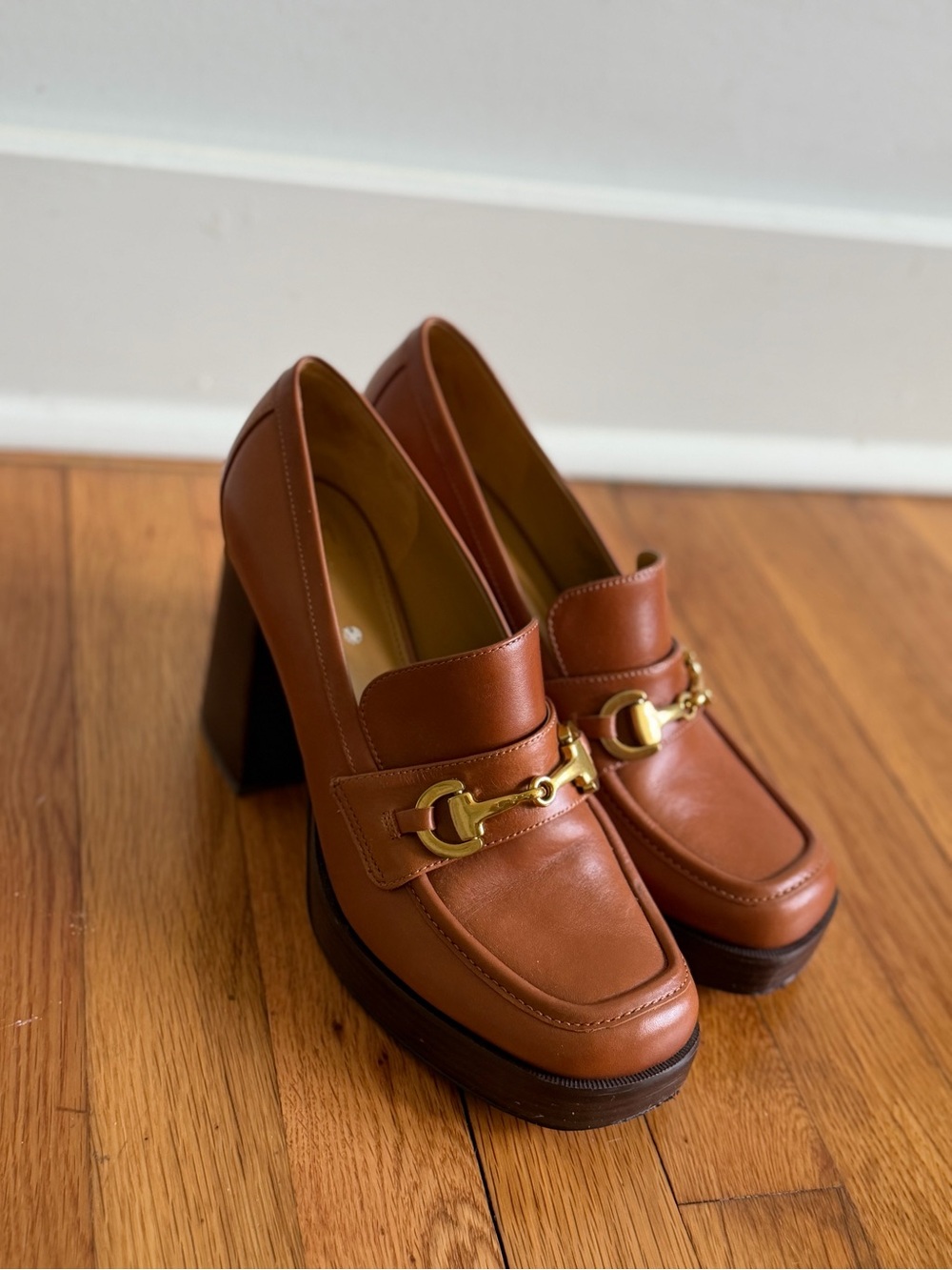 Marc Fisher Tan/Brown Leather Platform Loafers with Gold Hardware